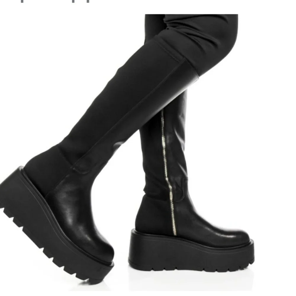 J Slides Victoria Knee High Black Leather/Lycra Platform  Goth Boots Sz 8
